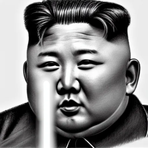 Image similar to a very detailed pencil drawing of kim jong un holding a lightsaber 4 k, high resolution, still, landscape, hd, dslr, hyper realistic, sketch