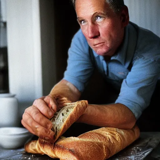 Image similar to closeup portrait baker constricted by a baguette as he tries to fight it back into the oven, by Steve McCurry and David Lazar, natural light, detailed face, CANON Eos C300, ƒ1.8, 35mm, 8K, medium-format print