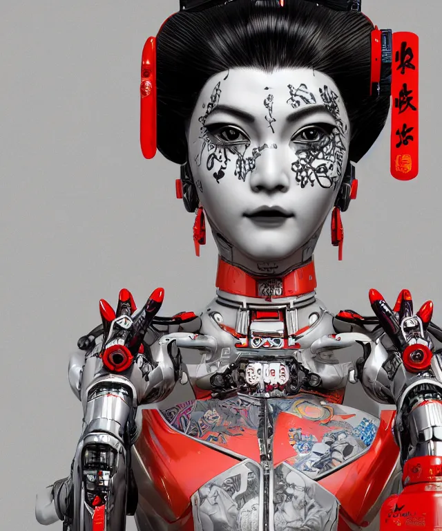 Image similar to an epic fantastic realism comic book style portrait painting of a japanese robotic geisha with kanji tattoos and decals, apex legends, octane render, intricate detail, 4 k hd, unreal engine 5, ex machina, irobot