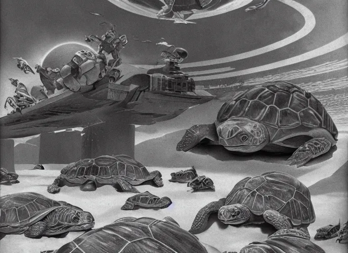 Image similar to mega turtles underwater in a ruined Atlantis art by Chesley Bonestell, cgsociety, retrofuturism, matte painting, reimagined by industrial light and magic