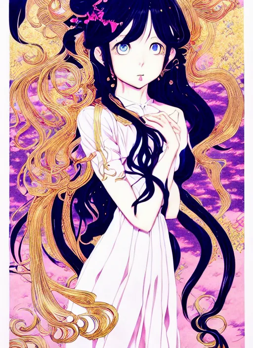 Image similar to exquisite imaginative manga poster of a girl, cats, long wavy hair, rococo dress, shimmering, by kojima ayami, shigenori soejima, minaba hideo,, jump comics, shogakukan, art nouveau, illustration, artstation, highly detailed, 8 k, fluorescent, maximalist