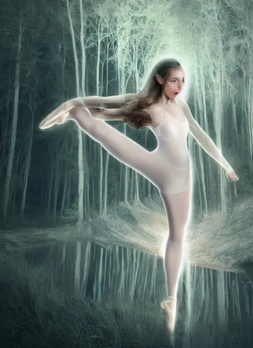 Image similar to luminescent long exposure light painting beauteous practical sumptuous ballerina, lifelike incredible hair, projected crystalline masterpiece incrustations, hyperdetailed face, elegant pose, movie still, intricate, octane render, cinematic forest lighting,