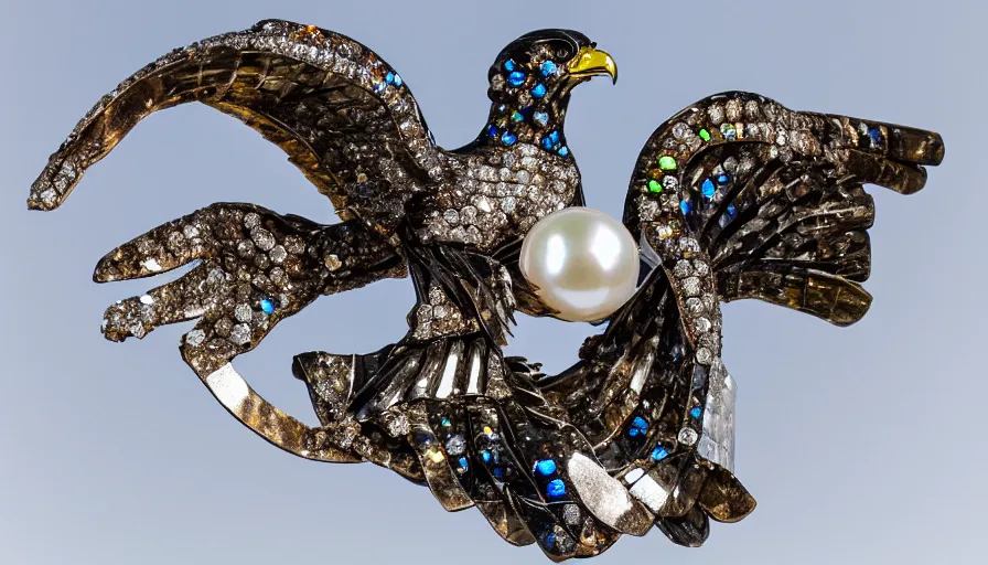 Image similar to diamonds, pearls, ice crystals, opals and other various gemstones being thrown around in the shape of a hawk by a tornado, museum sculpture, 4k, high quality photograph, award-winning