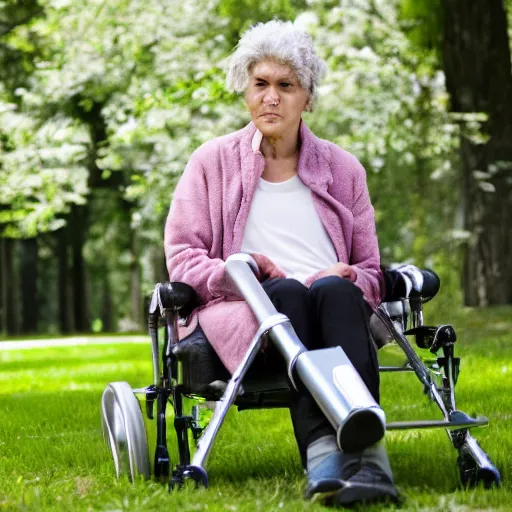 Prompt: an older woman sitting in a park using an oxygen tank. the oxygen tubing is attached to her nose, 4 k,