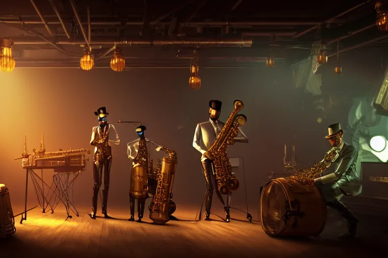 Image similar to 3 steampunk robot jazz musicians playing at a night club, focus on the musicians, cinematic lighting, exaggerated detailed, unreal engine, octane render, trending on artstation, art by greg rutkowski, 4 k