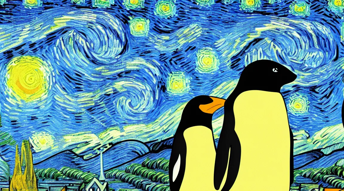 Image similar to linux tux penguin wallpaper painted by vincent van gogh