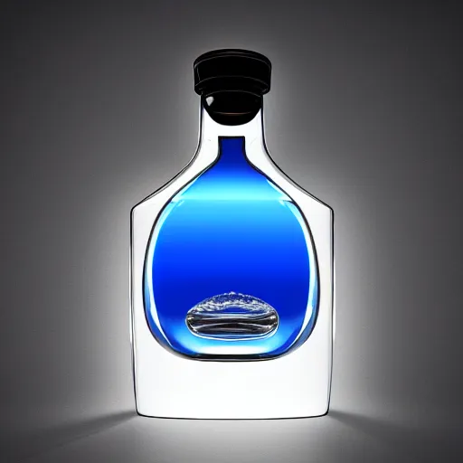 Image similar to A highly detailed digital art of a bottle of blue whiskey on a round table, volumetric lighting, 4k resolution, warm,