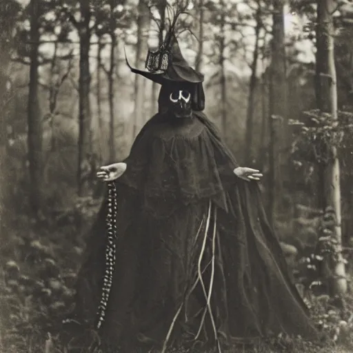 Image similar to portrait of a witch wearing a skull mask holding a puppet in an ominous forest, 1 9 0 0 s photography