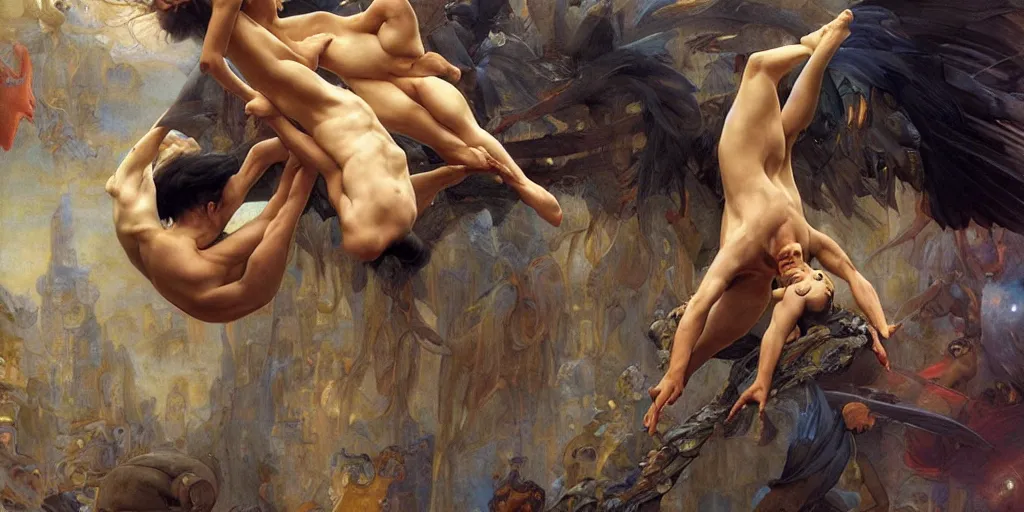 Prompt: epic masterpiece finding home, souls in acrobatic pose, beautiful faces and flawless skin, by Edgar Maxence and Ross Tran and Michael Whelan, boris vallejo