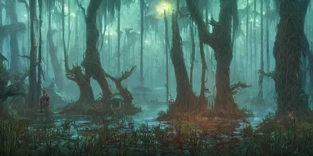 Image similar to reed - people in futuristic spiritual mystical post apocalyptic swampy forest drawn by ron gilbert, dim painterly volumetric aquatic lighting, scenic, beautiful, crisp, artstation, highly detailed