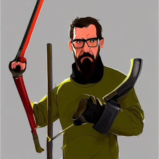 Prompt: A beautiful illustration and portrait of gordon freeman holding a crowbar, concept art, trending on artstation