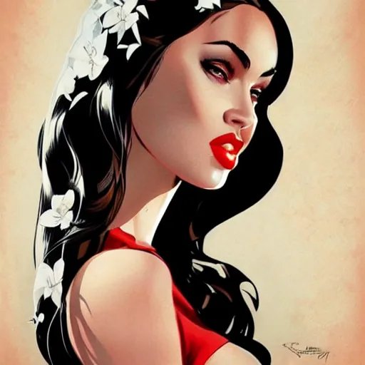 Image similar to a pinup illustration of megan fox in the style of anna dittmann and in the style of alex ross.