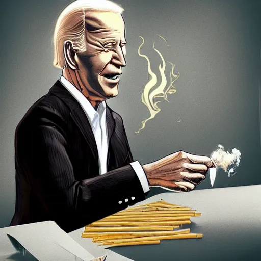 Image similar to joe biden rolling a joint in a messed up apartment, stoned eyes, smoke, beautiful digital art, amazing detail, artstation, award winning, sharp