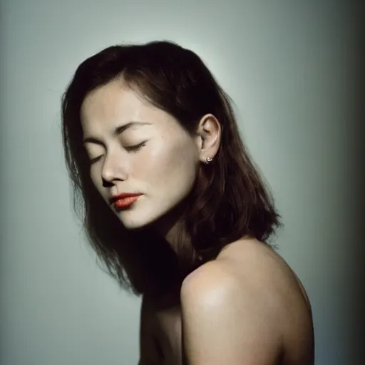 Image similar to Portrait photo of a famous actress posed in profile, eyes closed, natural makeup, studio lighting, highly detailed, cinestill 800t