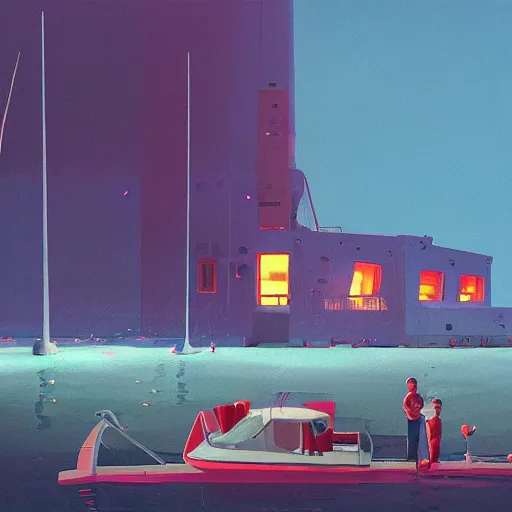 Image similar to yachting club by simon stalenhag