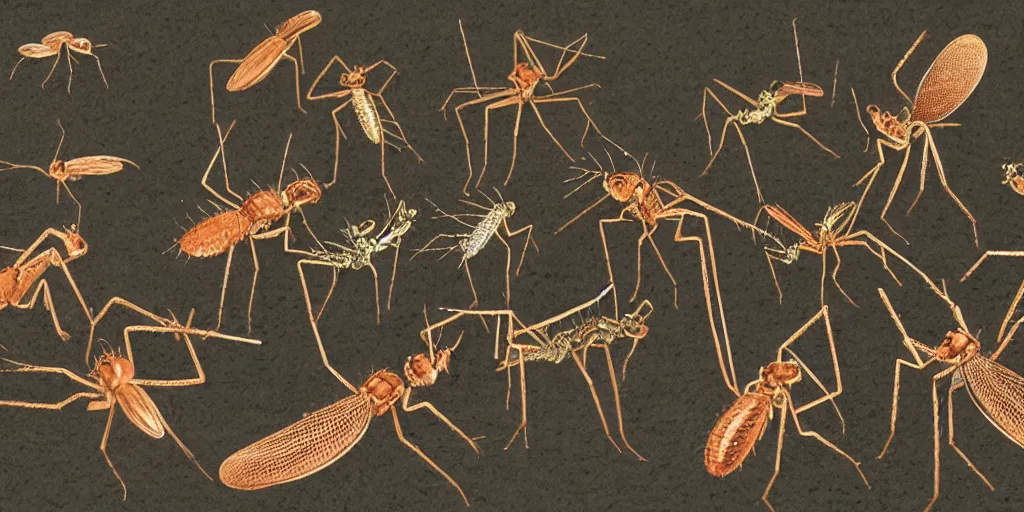 Prompt: Very detailed biological schema showing five missing links in the evolution of mosquitoes into man