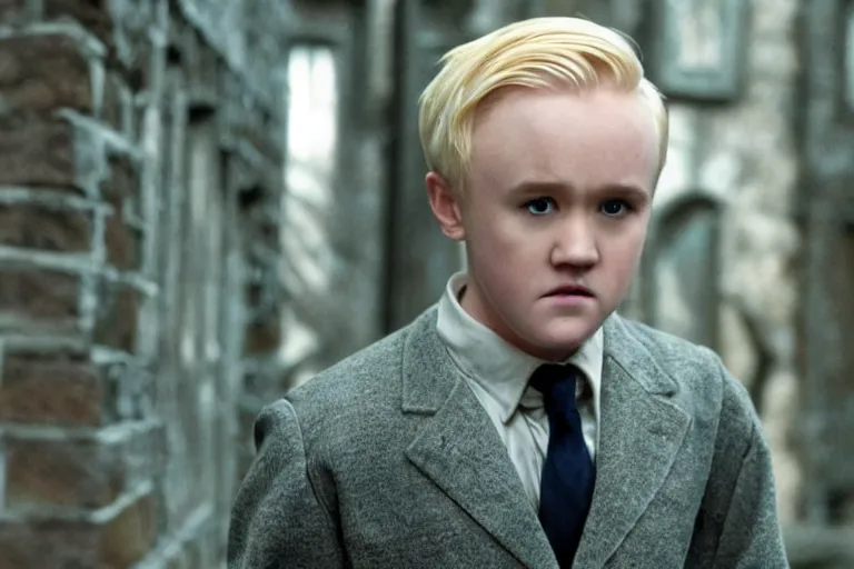 Image similar to film still Haley Joel Osment as Draco Malfoy wearing hogwarts uniform in Harry Potter movie