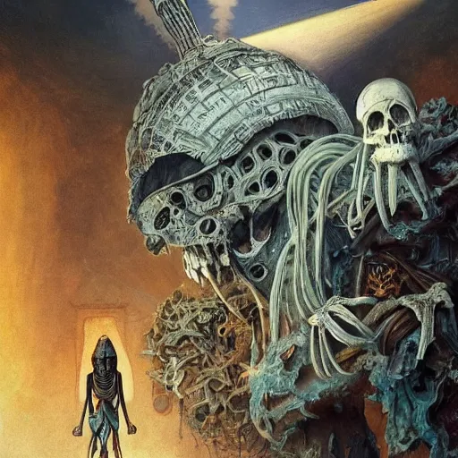 Image similar to “skeleton come to life, raggedy clothes, depraved smile, Egyptian motifs, nuclear bomb going off in background creating a mushroom cloud, D&D, fantasy, intricate, cinematic lighting, highly detailed, digital painting, artstation, concept art, smooth, sharp focus, illustration, art by Artgerm and Greg Rutkowski and Alphonse Mucha”