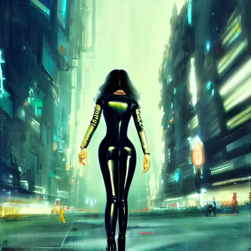 Prompt: lady dressed in latex catsuit, in a futuristic cyberpunk city, long hair, high heels, walking towards camera, cinematic, low angle, fog, wide angle, by John Berkey , trending on art station