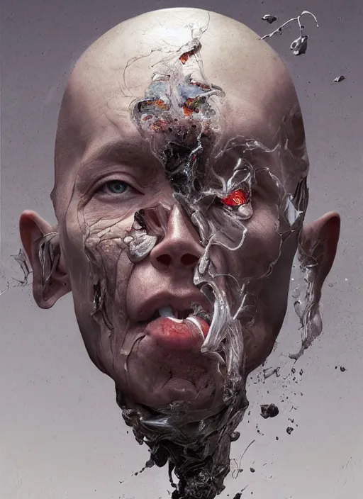 Prompt: bust, technology vs nature, split in half, falling out of the face, the truly amazing part about this is that it increasingly appears our cortical evolution reflects this emergent tension, photorealistic portrait by michael komarck, greg rutkowski, victo ngai, artgerm, willem claesz heda and j. dickenson