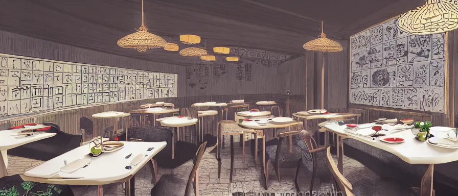 Prompt: a beautiful interior view illustration of a small roasted string hotpot restaurant of baota mountain in yan'an city, animation illustrative style, from china, restaurant wall paper is a tower on a mountain, rectangle white porcelain table, black chair, simple style structure decoration design, victo ngai, james jean, 4 k hd