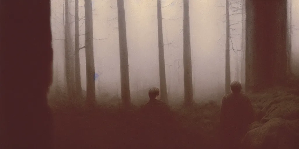 Image similar to portrait bust of daniel radcliffe, solemn expression, faded color film, russian cinema, tarkovsky, kodachrome, old cabin, next to window, heavy forest outside, long brown hair, old clothing, heavy fog, blue hour, hudson river school, 4 k, dramatic lighting, greg rutkowski