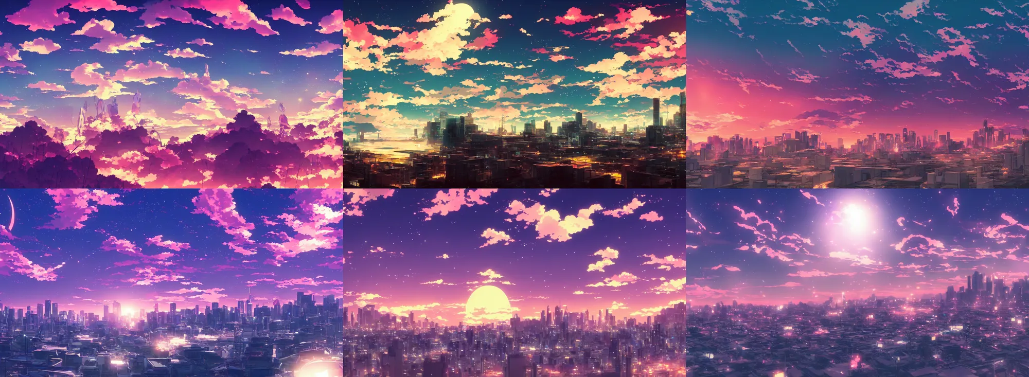 Prompt: a screenshot from the anime film of the distant sky at dusk, horizon, distant synthwave city, pretty clouds, atmospheric nighttime