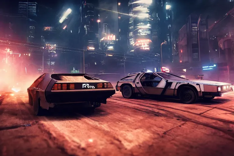 Image similar to photo of the back to the future combat delorean driving on wet post apocalyptic dystopian cyberpunk city streets at night, rocket league, mad max, action, speed, volumetric lighting, hdr, gta 5, makoto shinkai, syd mead, craig mullins, cinematic, fast and furious, octane, 8 k, iso 1 0 0, 1 2 mm