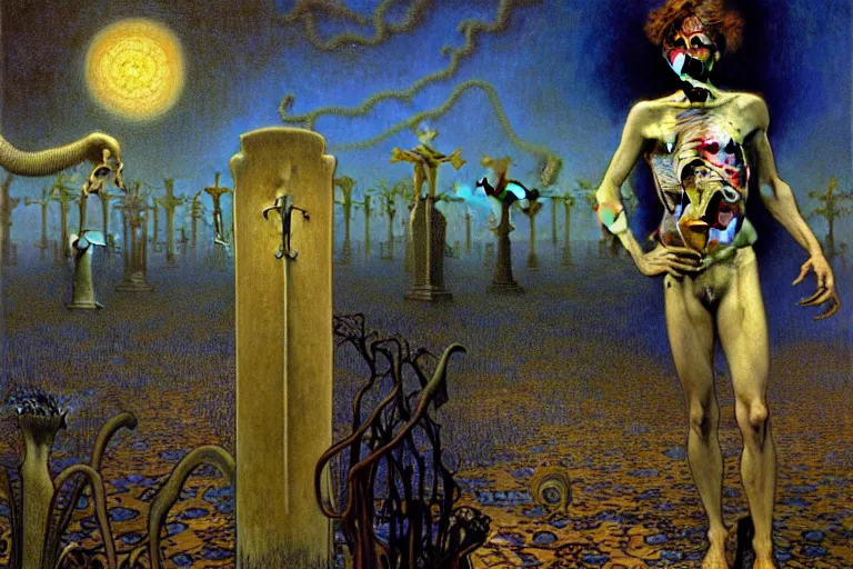 Image similar to realistic detailed portrait painting of a male zombie, nightly graveyard landscape background by Jean Delville, Amano, Yves Tanguy, Alphonse Mucha, Ernst Haeckel, Edward Robert Hughes, Roger Dean, masterpiece, cinematic composition, dramatic pose, 4k details, rich moody colours, blue eyes