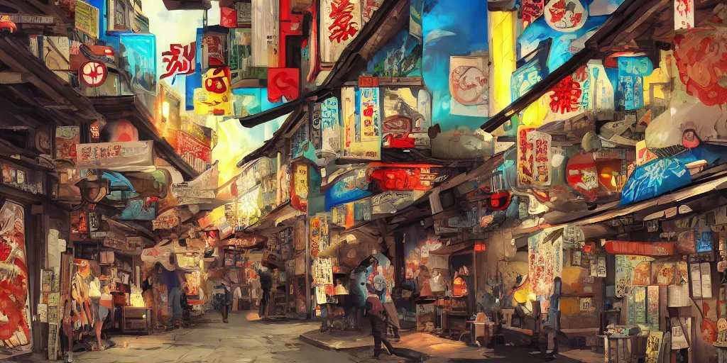 Image similar to Omoide Yokocho graffiti treasure town comics illustration digital art painting artstation depth global illumination GI AAA SSS