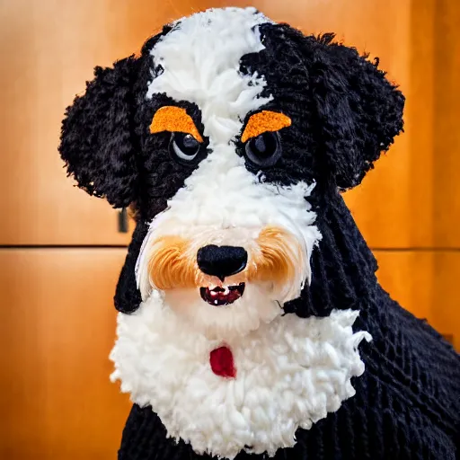 Prompt: a closeup photorealistic photograph of a cute smiling knitted bernedoodle judge dog dressed in a black gown, presiding over the courthouse. indoors, professional capture, well lit shot. this 4 k hd image is trending on artstation, featured on behance, well - rendered, extra crisp, features intricate detail, epic composition and the style of unreal engine.