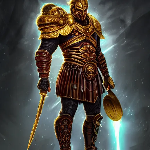 Image similar to highly detailed full body portrait of the god Ares wearing spartan armor, digital art, concept art, character art, cinematic lightning, bright colors, intricate, masterpiece, photorealistic, hiperrealistic, sharp focus, high contrast, Artstation HQ, DeviantArt trending, 4k UHD, Unreal Engine 5