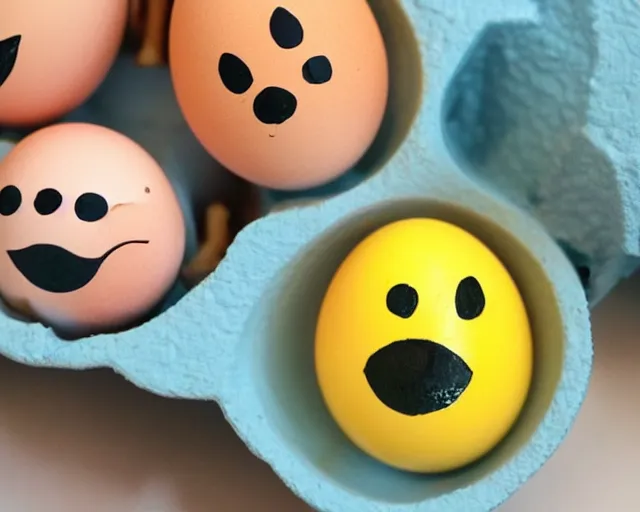 Image similar to eggs with happy faces on them. they have arms and legs made of twigs. yolk is pouring out of their snout. they have a broken nose. but its ok