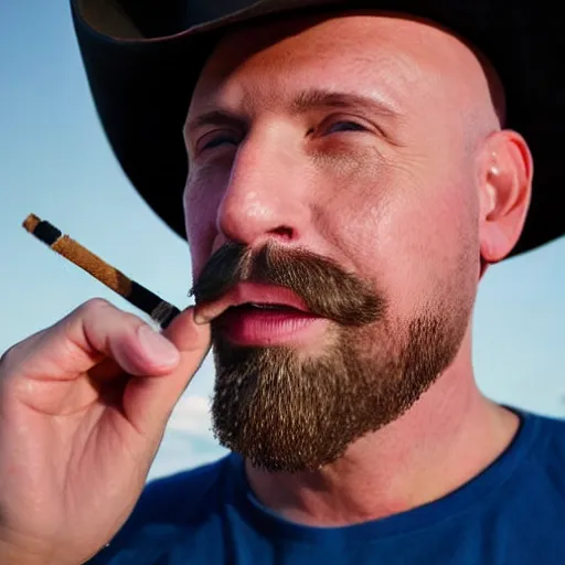 Image similar to bald man with a goatee, with the middle of his mustache shaved, wearing a usa cowboy hat, smoking a cigarette