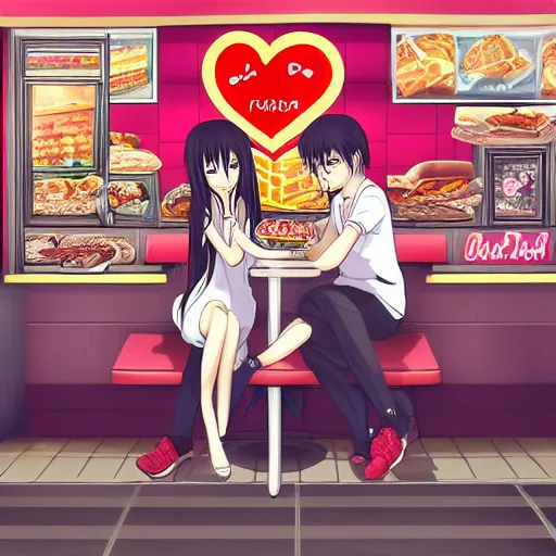 Image similar to a girl and her boyfriend eating a fast food restaurant, there are pink hearts around their heads, an anime drawing by Jin Homura, featured on pixiv, neo-romanticism, anime, pixiv, deviantart hd