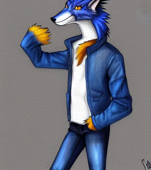 Image similar to expressive stylized master furry artist digital colored pencil painting full body portrait character study of the sergal fox fursona animal person wearing clothes jacket and jeans by master furry artist blotch