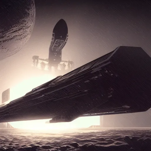 Image similar to a photorealistic picture of big spaceship landed on a dark planet, lot of details, greeble and nurnies, in the style of Nostromo, dark mood, cinematic