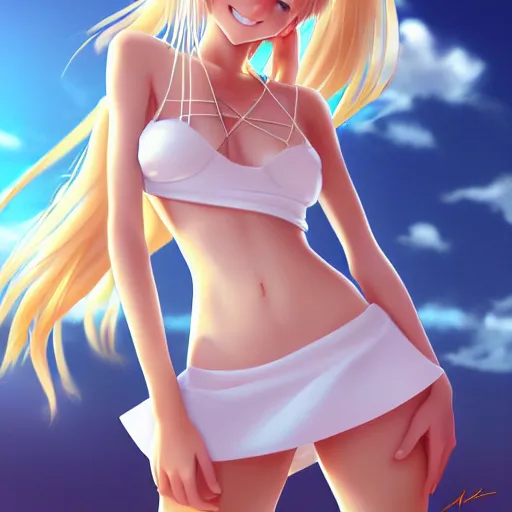 Prompt: tiny father a tall daughter picture : a very beautiful young blond anime girl, bright face, sunhat, cute smile, sky blue eyes, bikini, white miniskirt, highly detailed, cinematic wallpaper by stanley artgerm lau