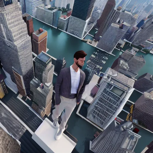 Image similar to A person standing on top of a rooftop with New York City below, 3D, Unreal Engine