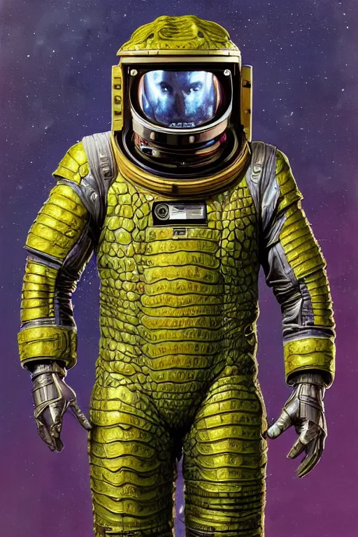 Prompt: a portrait of a muscular anthropomorphic cyberpunk caiman lizard space mechanic in spacesuit armor with ensignia on chest plate by sandra chevrier, by jon foster, detailed render, pistol in holster, tape deck, epic composition, cybernetics, 4 k realistic, cryengine, realistic shaded lighting, sharp focus, masterpiece, by enki bilal