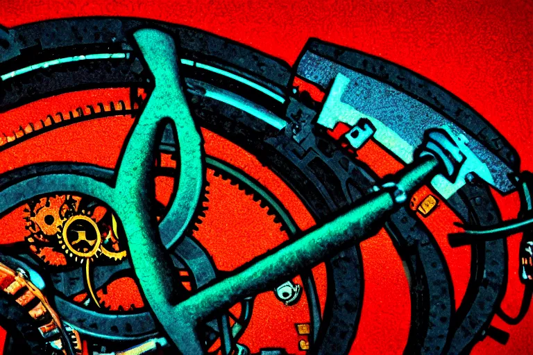 Image similar to clockwork machines!, in the style of john avon and derek riggs and eva widermann, trending on artstation, halfrear lighting closeup view anaglyph filter, bokeh, anime, colored pencil art, belle epoque