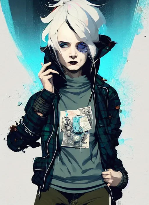 Image similar to highly detailed portrait of a sewer punk lady student, blue eyes, tartan hoodie, white hair by atey ghailan, by greg rutkowski, by greg tocchini, by james gilleard, by joe fenton, by kaethe butcher, gradient blue, black, brown and cream color scheme, grunge aesthetic!!! ( ( graffiti tag wall background ) )