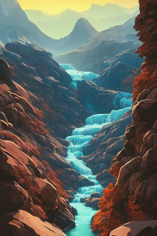 Prompt: glacier valley poster artwork of a striking landscape by Michael Whelan and Tomer Hanuka, Karol Bak, full of details, by Makoto Shinkai and thomas kinkade, Matte painting, trending on artstation and unreal engine