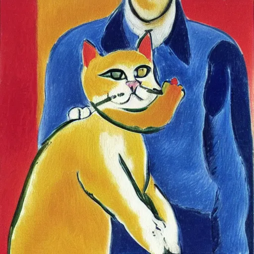 Image similar to An oil painting of a cat spitting on a man, colorful, by Henri Matisse