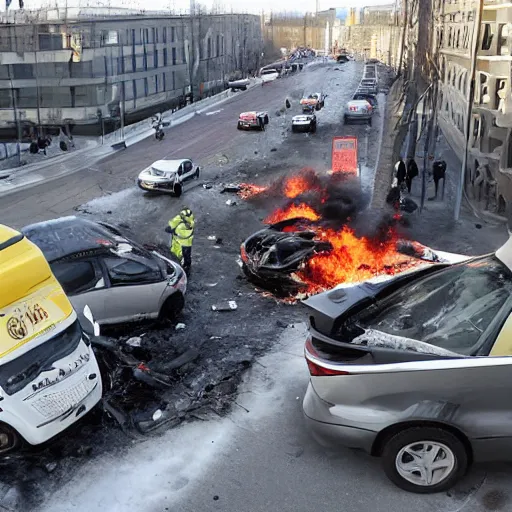 Prompt: russian car crash at major intersection with oxygen tanker exploding