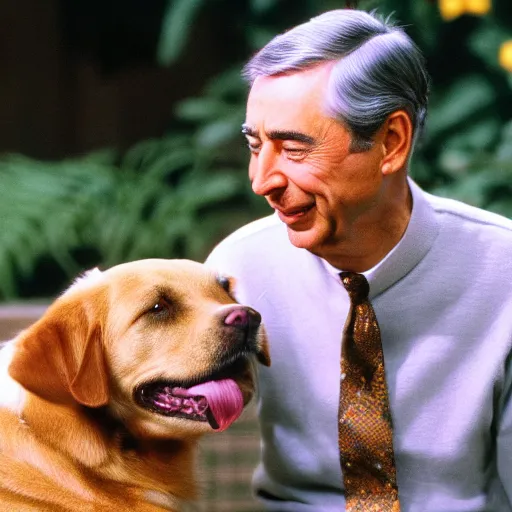 Prompt: Fred Rogers petting a golden lab dog, 4k, award winning photo