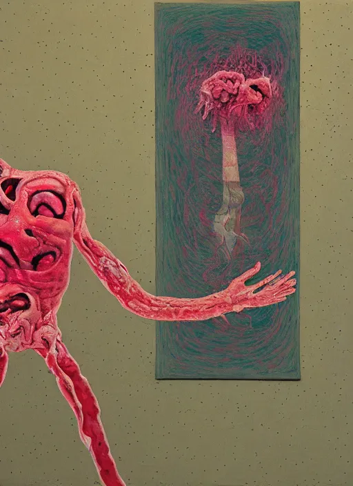 Prompt: a teratoma exploding in the middle of a museum room realizing that he has consciousness painted by hockney