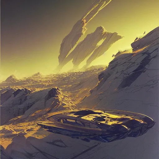 Image similar to Frozen frontiers on an alien planet, floating mountains above clouds in the background, vanishing perspective of a road, ravine, Syd Mead, John Harris, Federico Pelat,