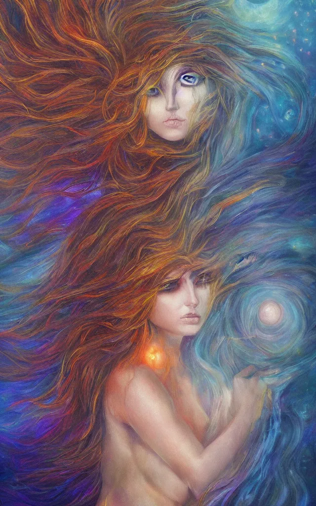 Image similar to iridescent spirit of wrath and beauty cruel beautiful spirit with golden eyes lunar mythos ambient fog, award winning oil painting, lunar color palette