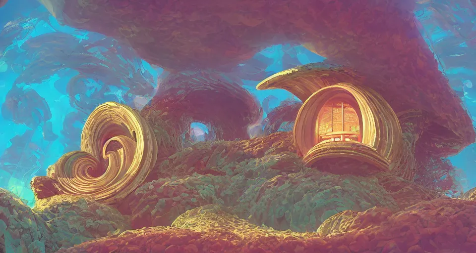 Prompt: digital painting of a tiny sacred spiral, procedural seashell house surrounded by dreamy coral, syd mead, cell shaded graphics, concept art, minimalist, golden ratio